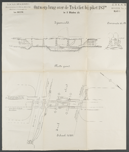 883829 Aanzicht, doorsnede en plattegrond van de te brug over de Trekvliet (Zuidvliet) bij Leidschendam in de Spoorlijn ...